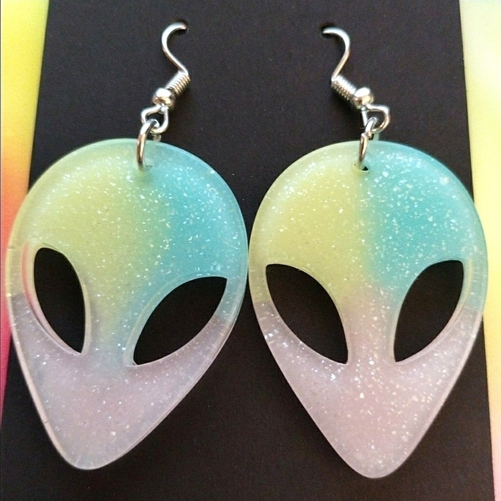 HANDMADE Yellow Blue Pink Pastel Gradient Glitter Resin Alien Earrings